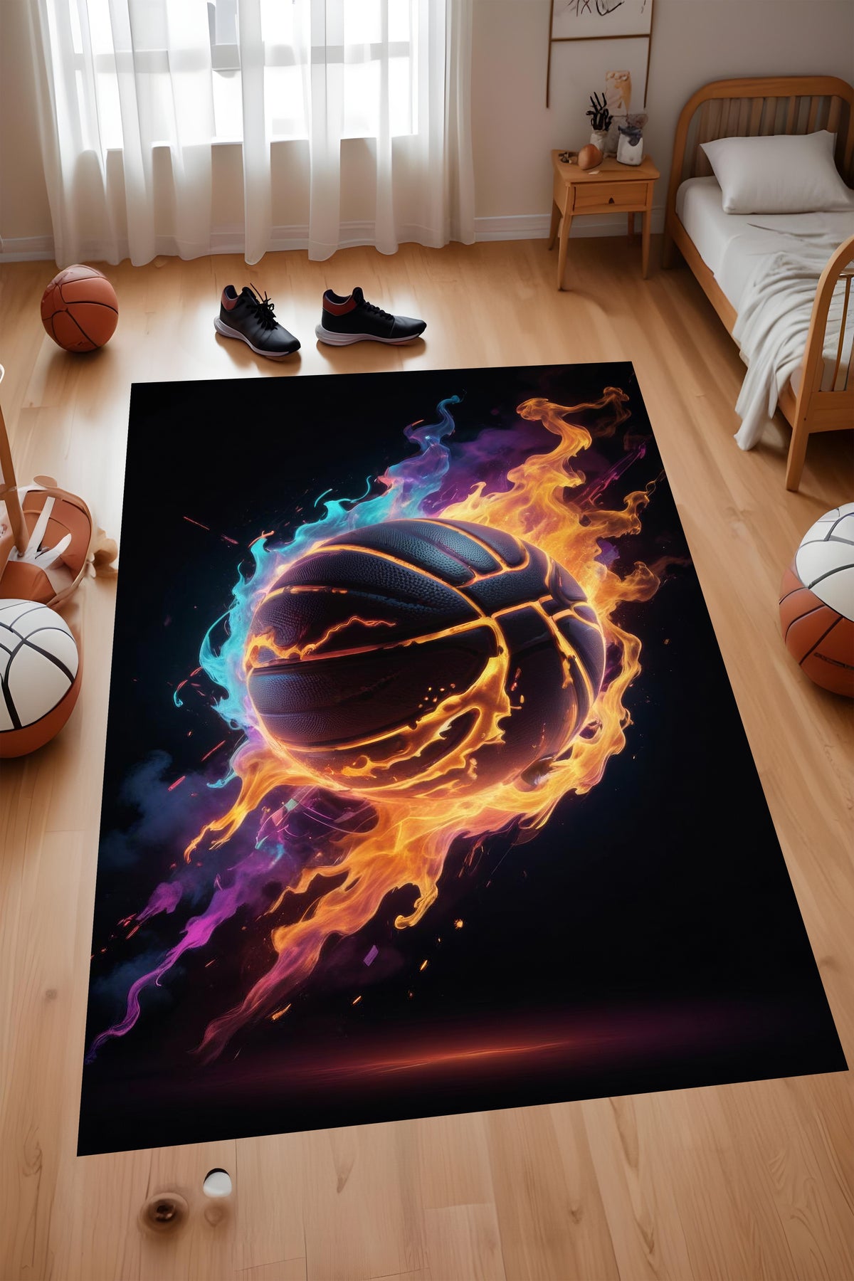 Dijital Baskı Neon Renk Alevli Basketbol Desenli Makinada Yıkanabilir Genç Odası ve Salon Halısı
