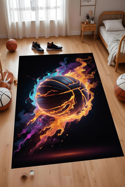 Dijital Baskı Neon Renk Alevli Basketbol Desenli Makinada Yıkanabilir Genç Odası ve Salon Halısı