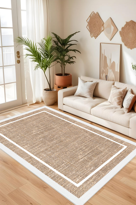 Dijital Baskı Jüt Görünüm Beyaz Çerçeveli Modern Makinada Yıkanabilir Salon Mutfak Yolluk Halısı