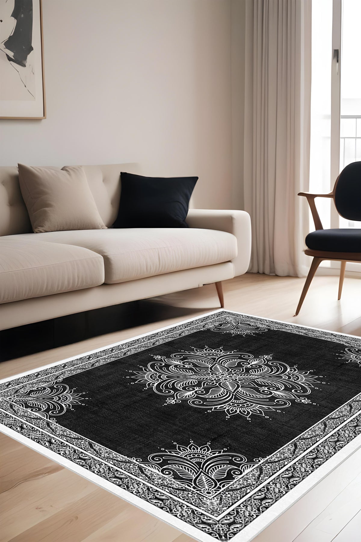 Dijital Baskı Modern Klasik Desenli Çerçeveli Dekoratif Makinada Yıkanabilir Salon ve Yolluk Halısı