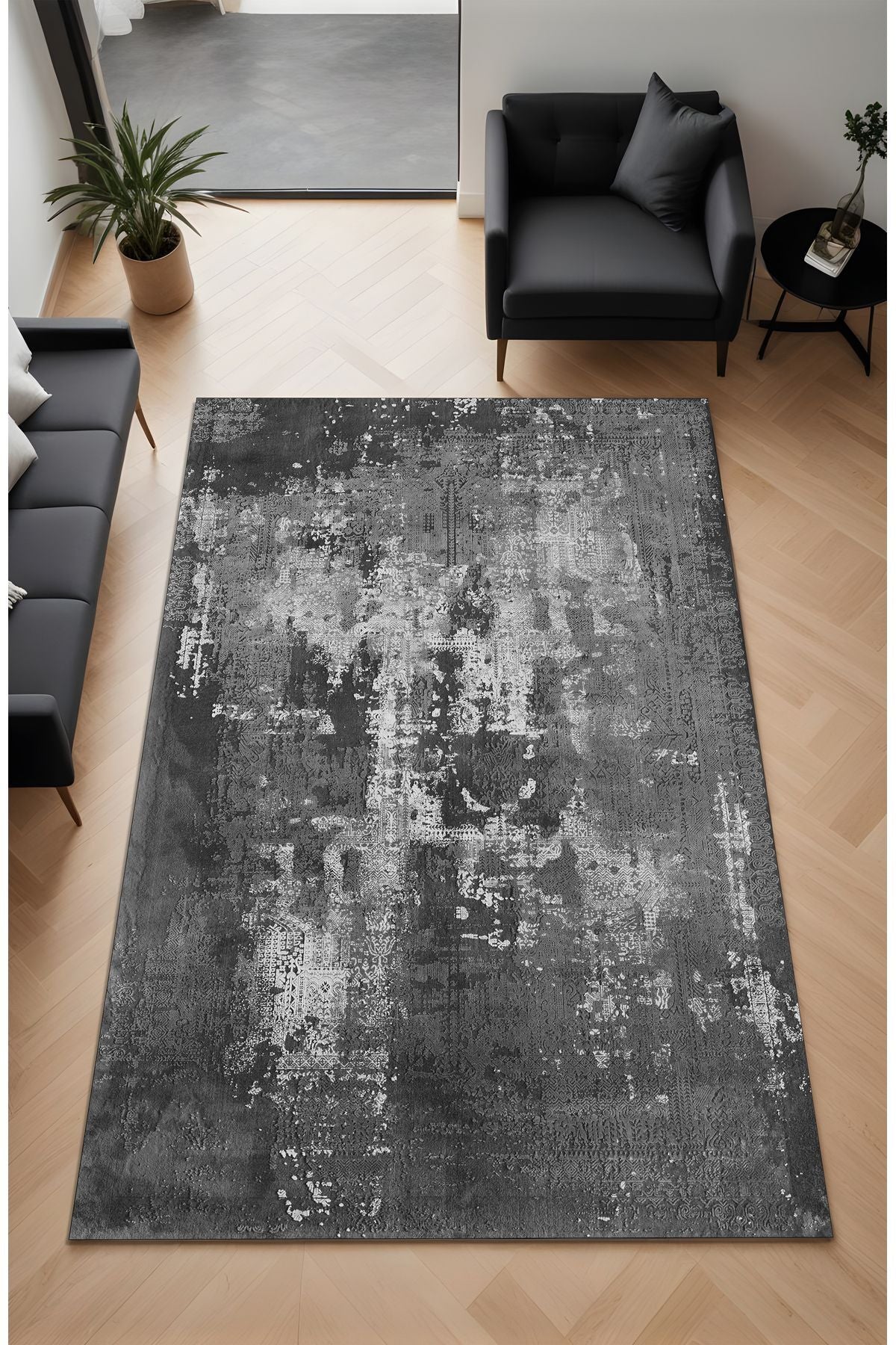 Dijital Baskı Koyu Gri Renk Modern Tarz Geçişli Dekoratif Makinada Yıkanabilir Salon Yolluk Halısı