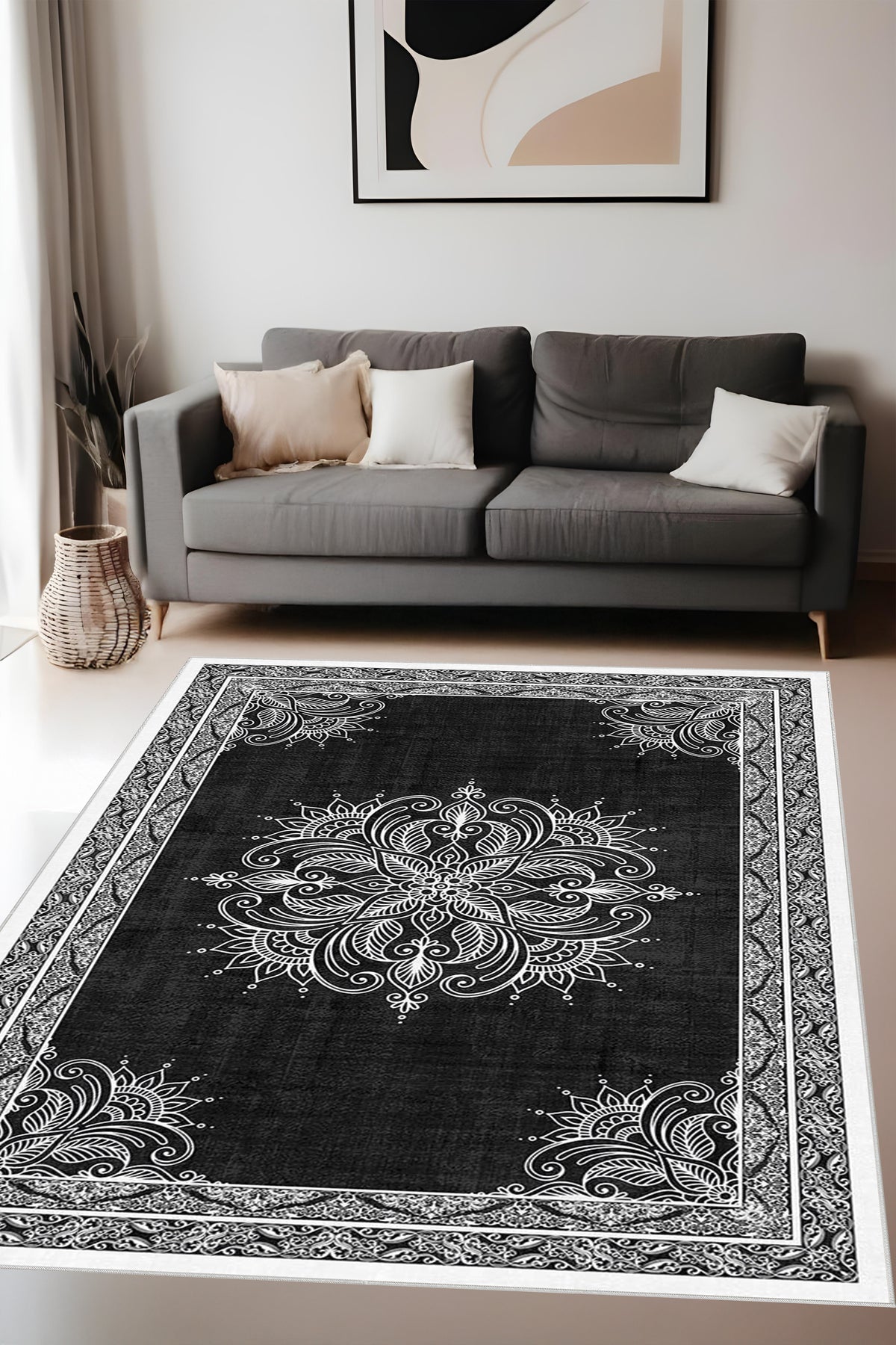 Dijital Baskı Modern Klasik Desenli Çerçeveli Dekoratif Makinada Yıkanabilir Salon ve Yolluk Halısı
