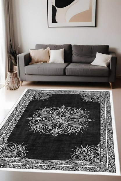 Dijital Baskı Modern Klasik Desenli Çerçeveli Dekoratif Makinada Yıkanabilir Salon ve Yolluk Halısı