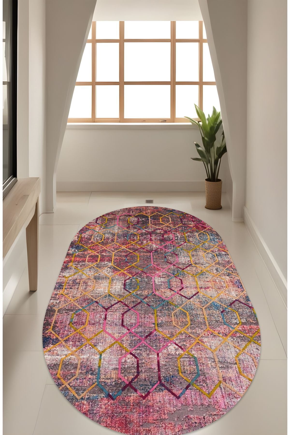 Dijital Baskı Renkli Geçişli Modern Dekoratif Makinada Yıkanabilir Oval Salon Halısı Yolluk Halısı