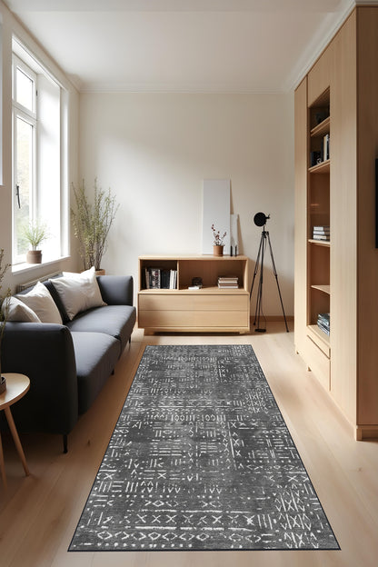Dijital Baskı Kaymaz Taban İskandinav Etnik Desen Koyu Gri Renk Salon Halısı Yolluk