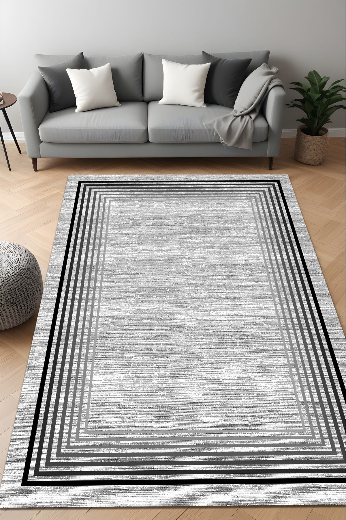 Dijital Baskı Gri Desen Geçişli Çerçeveli Dekoratif Makinada Yıkanabilir Salon Yolluk Halısı