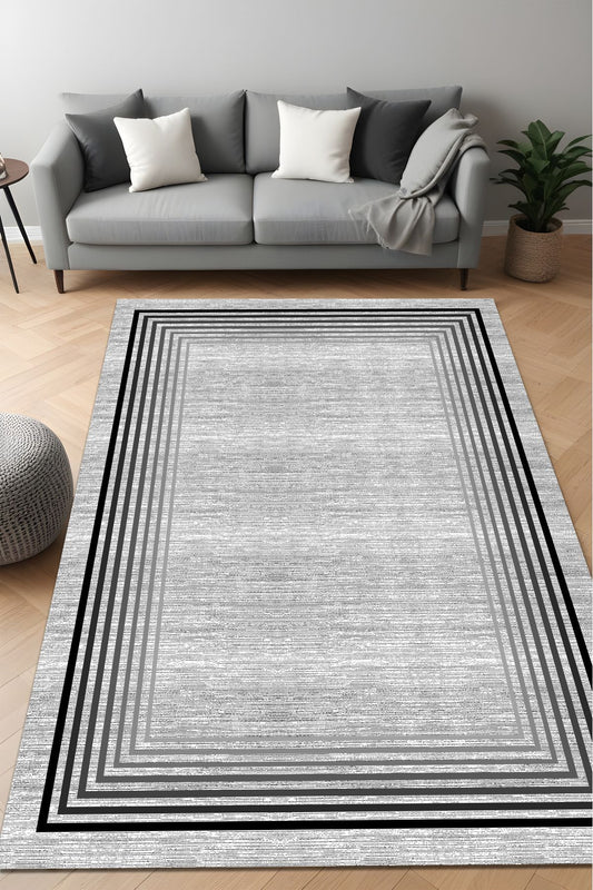 Dijital Baskı Gri Desen Geçişli Çerçeveli Dekoratif Makinada Yıkanabilir Salon Yolluk Halısı