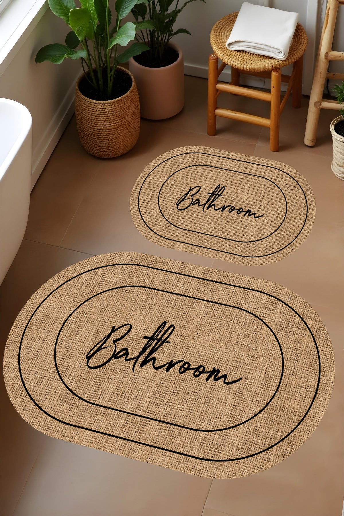 Dijital Baskı Hasır Desenli Modern Banyo Halısı İkili Banyo Paspası(40cmx60cm)ve(60cmx100cm)