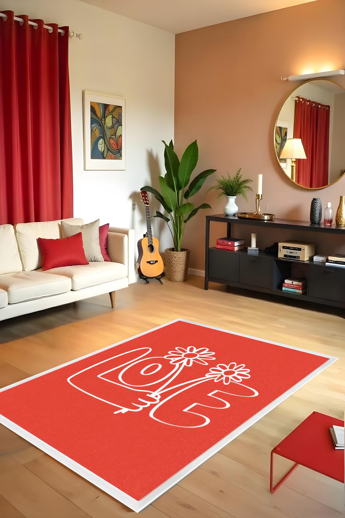 Dijital Baskı Love Temalı Kırmızı Kaymaz Taban Leke Tutmaz Makinada Yıkanabilir Salon Halısı