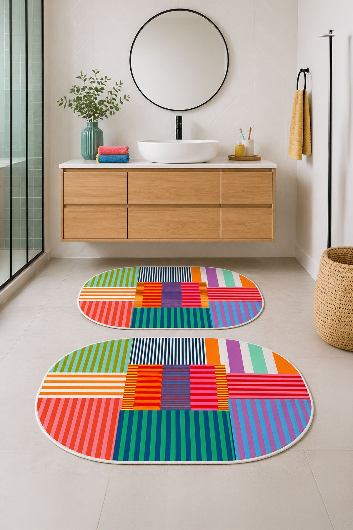 Dijital Baskı Modern Desenli Modern Banyo Halısı İkili Banyo Paspası (40cmx60cm)ve(60cmx100cm)