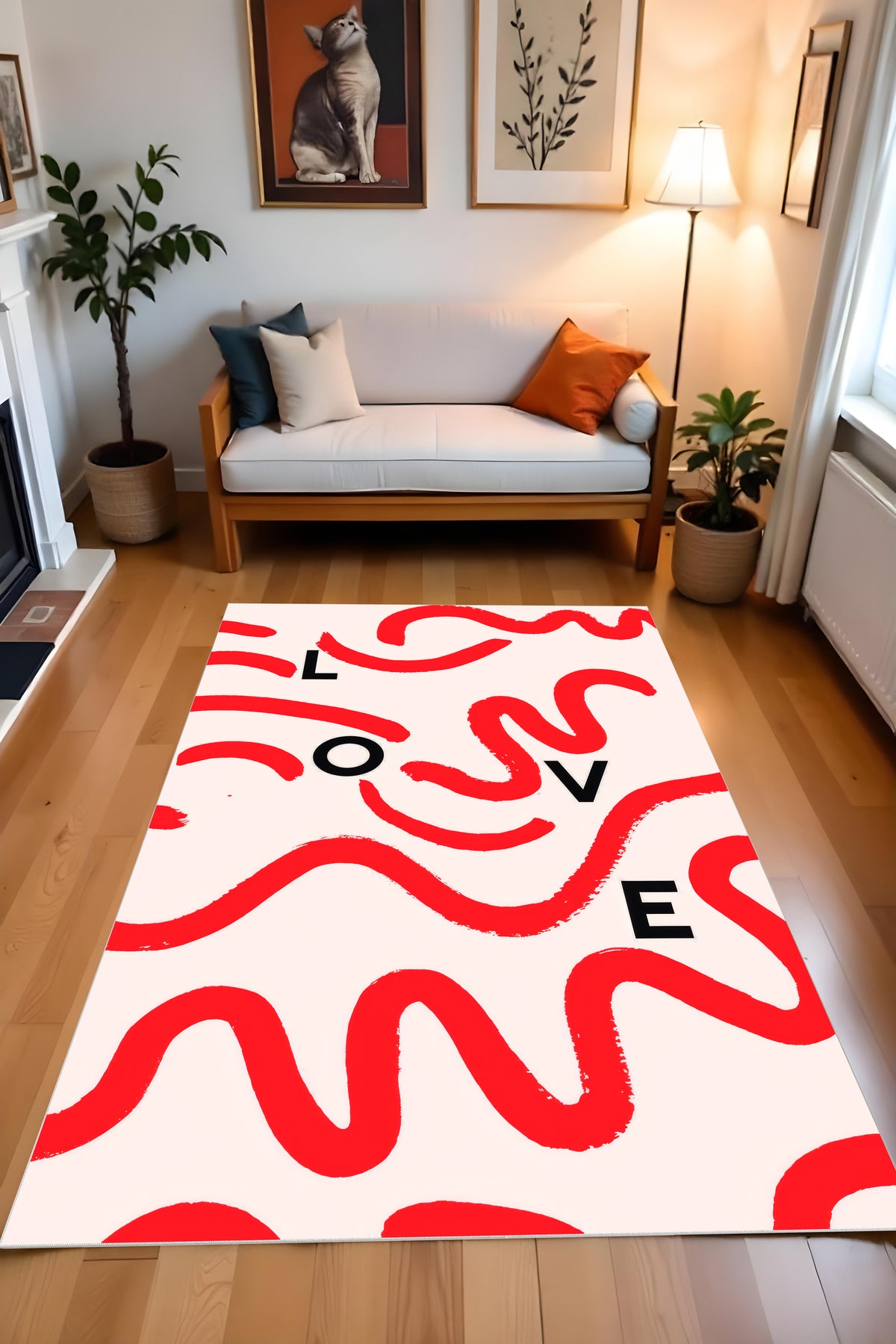 Dijital Baskı Kırmızı Şeritli Love Kaymaz Taban Leke Tutmaz Makinada Yıkanabilir Salon Halısı