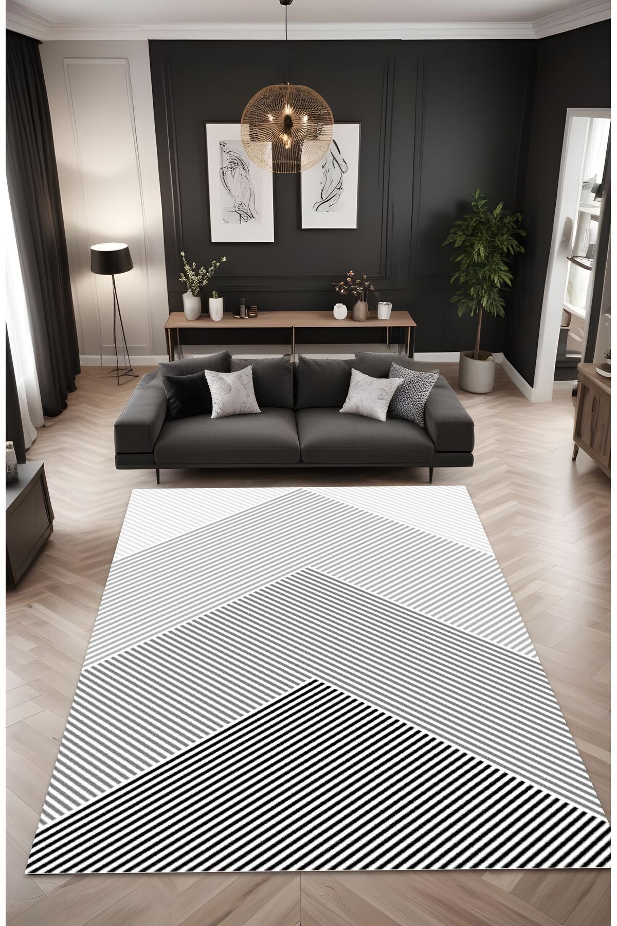 Dijital Baskı Simetrik Çizgili Modern Dekoratif Makinada Yıkanabilir Salon Halısı Yolluk Halısı