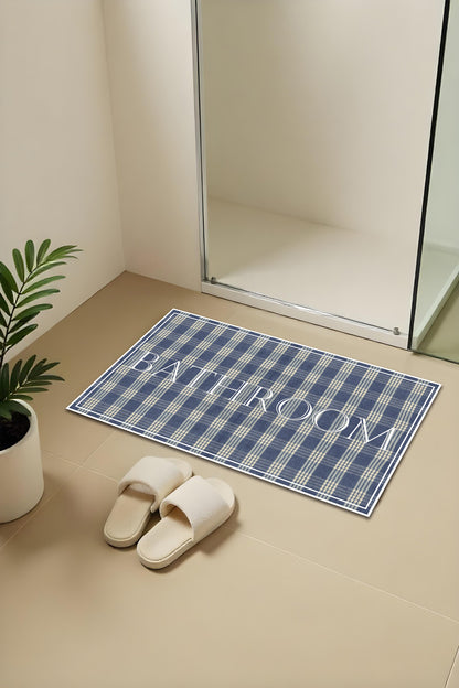Dijital Baskı Mavi Damalı ve Çizgi Desenli Modern 2'li Set Banyo Paspası Banyo Halısı (60x100 40x60)