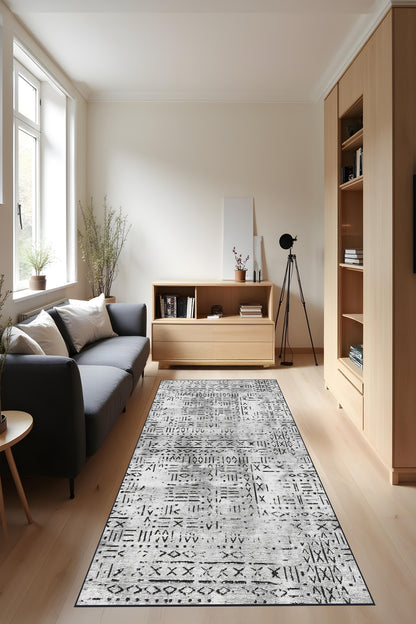 Dijital Baskı Kaymaz Taban İskandinav Etnik Desen Gri Renk Salon Halısı Yolluk