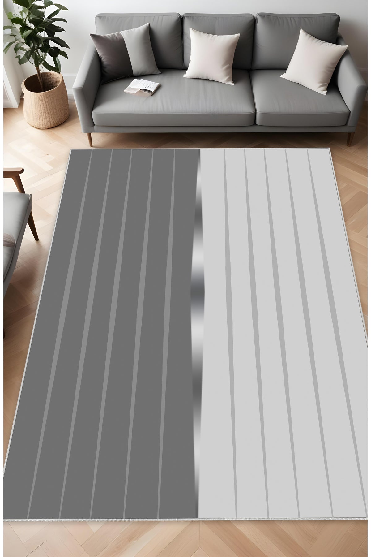 Dijital Baskı Gri Geometrik Paralel Çizgili Dekoratif Makinada Yıkanabilir Yolluk ve Salon Halısı