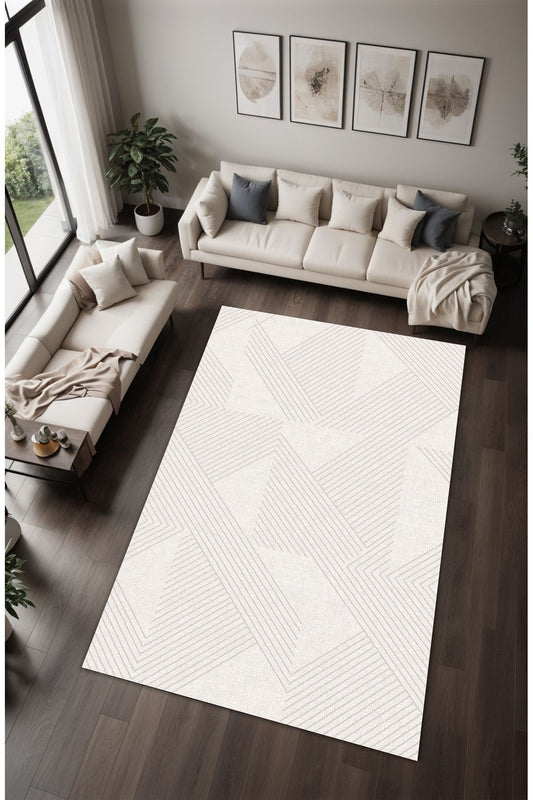 Dijital Baskı Sade Bej Gri Çizgili Modern Dekoratif Makinada Yıkanabilir Salon Halısı Yolluk Halısı