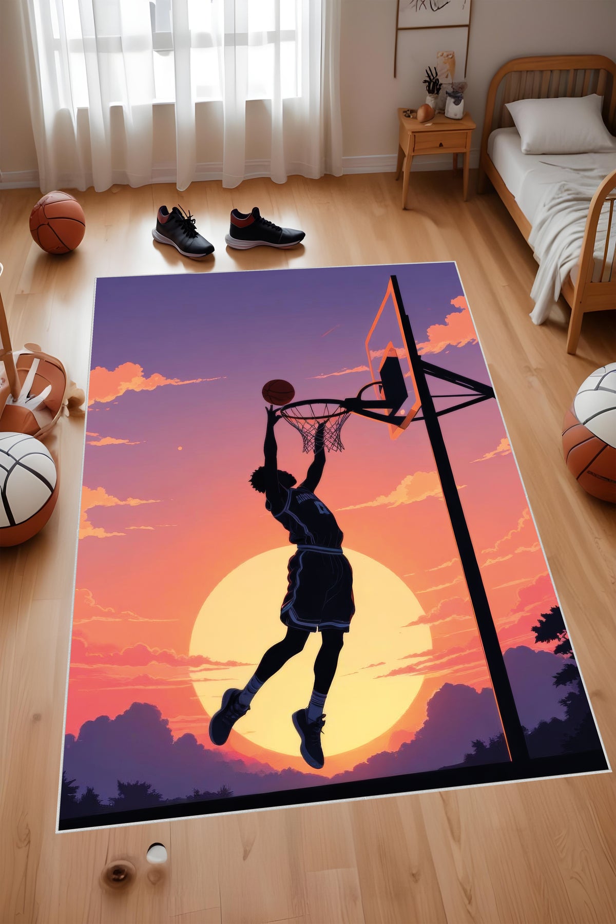 Dijital Baskı Gün Batımı Basketbol Temalı Makinada Yıkanabilir Genç Odası Salon ve Yolluk Halısı