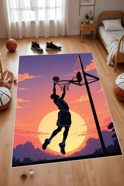 Dijital Baskı Gün Batımı Basketbol Temalı Makinada Yıkanabilir Genç Odası Salon ve Yolluk Halısı
