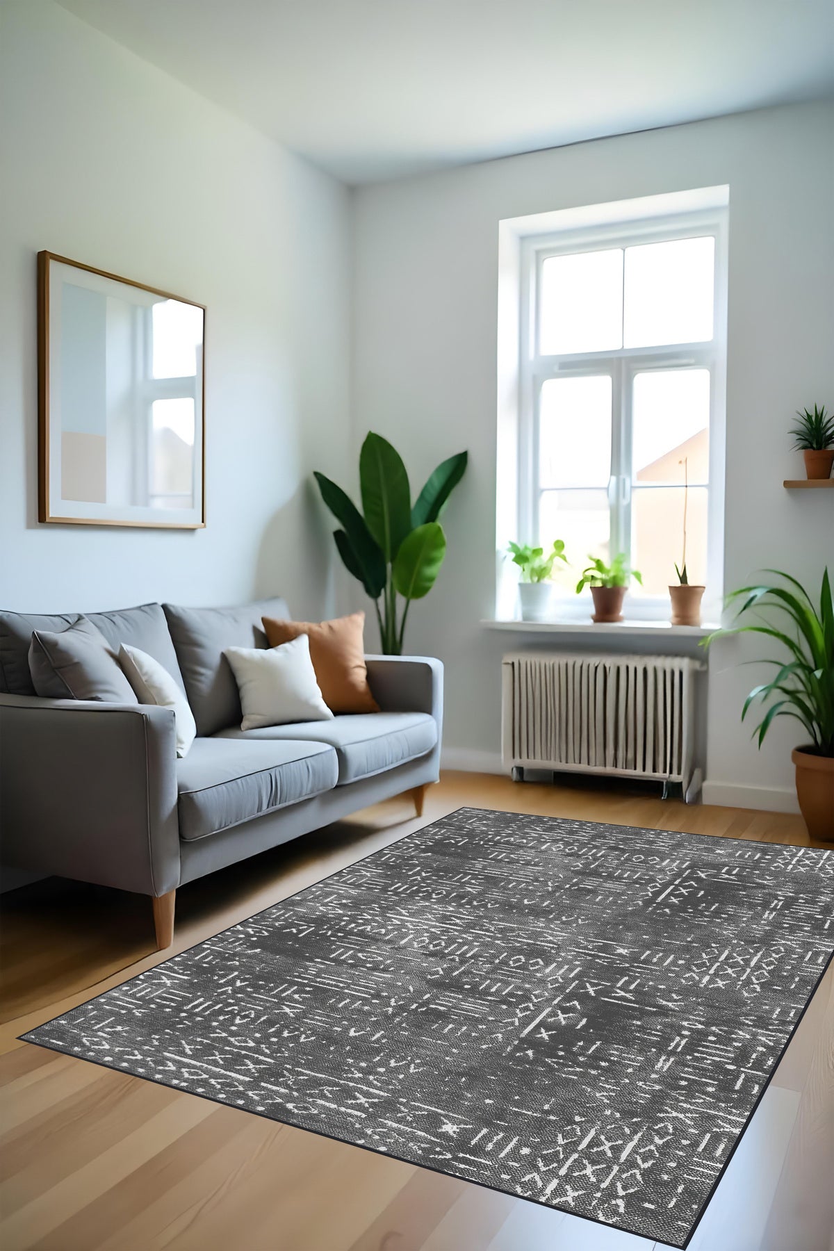 Dijital Baskı Kaymaz Taban İskandinav Etnik Desen Koyu Gri Renk Salon Halısı Yolluk