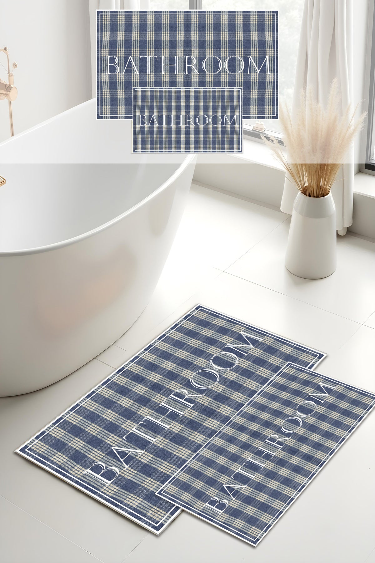 Dijital Baskı Mavi Damalı ve Çizgi Desenli Modern 2'li Set Banyo Paspası Banyo Halısı (60x100 40x60)