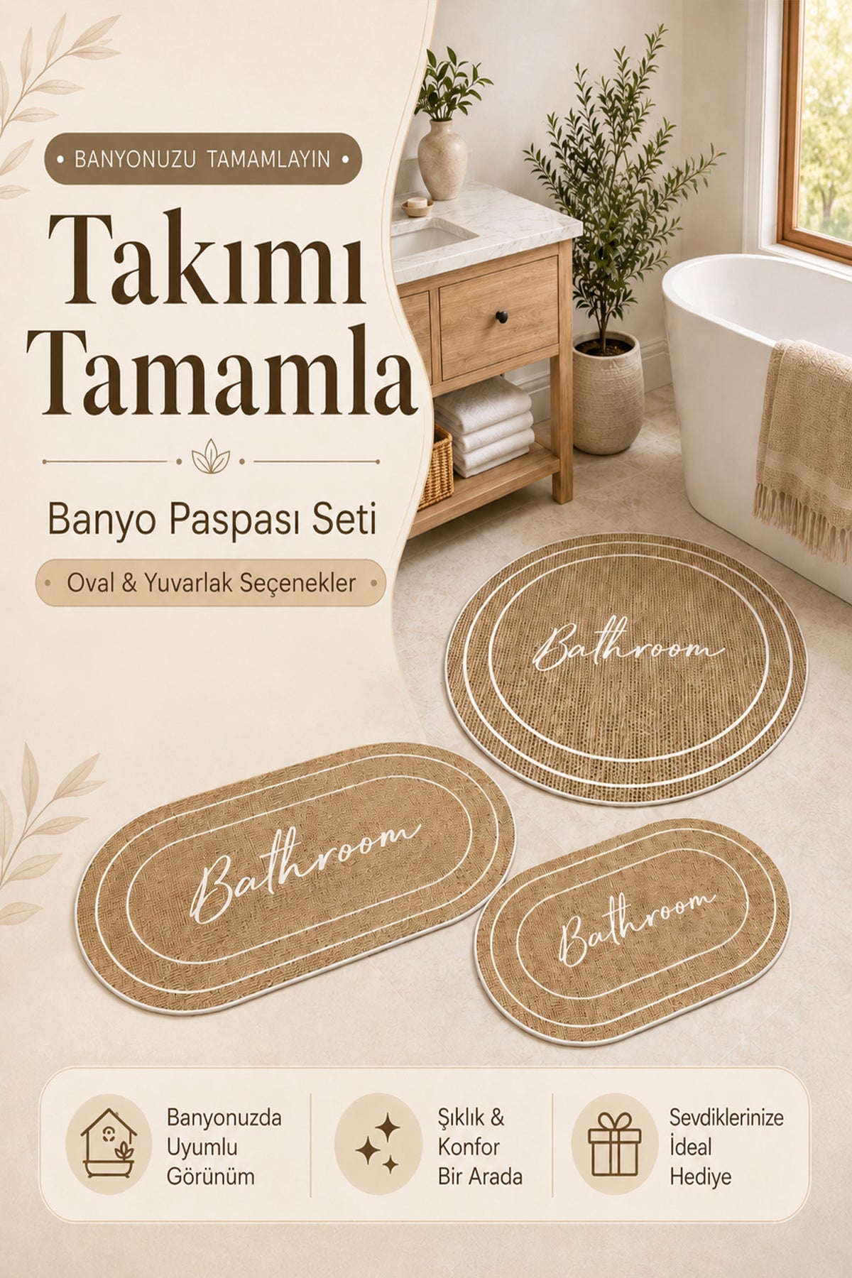 Dijital Kaymaz Yıkanabilir Yuvarlak Hasır Desenli Banyo Paspası Banyo Halısı Banyo Dekor 70x70 cm