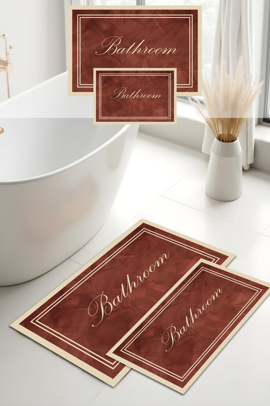 Dijital Baskı Bordo Renkli Çerçeveli Modern 2'li Set Banyo Paspası Banyo Halısı (60x100 40x60)