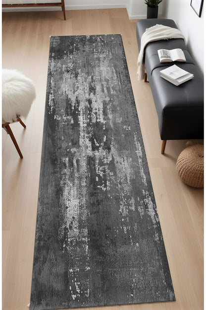 Dijital Baskı Koyu Gri Renk Modern Tarz Geçişli Dekoratif Makinada Yıkanabilir Salon Yolluk Halısı