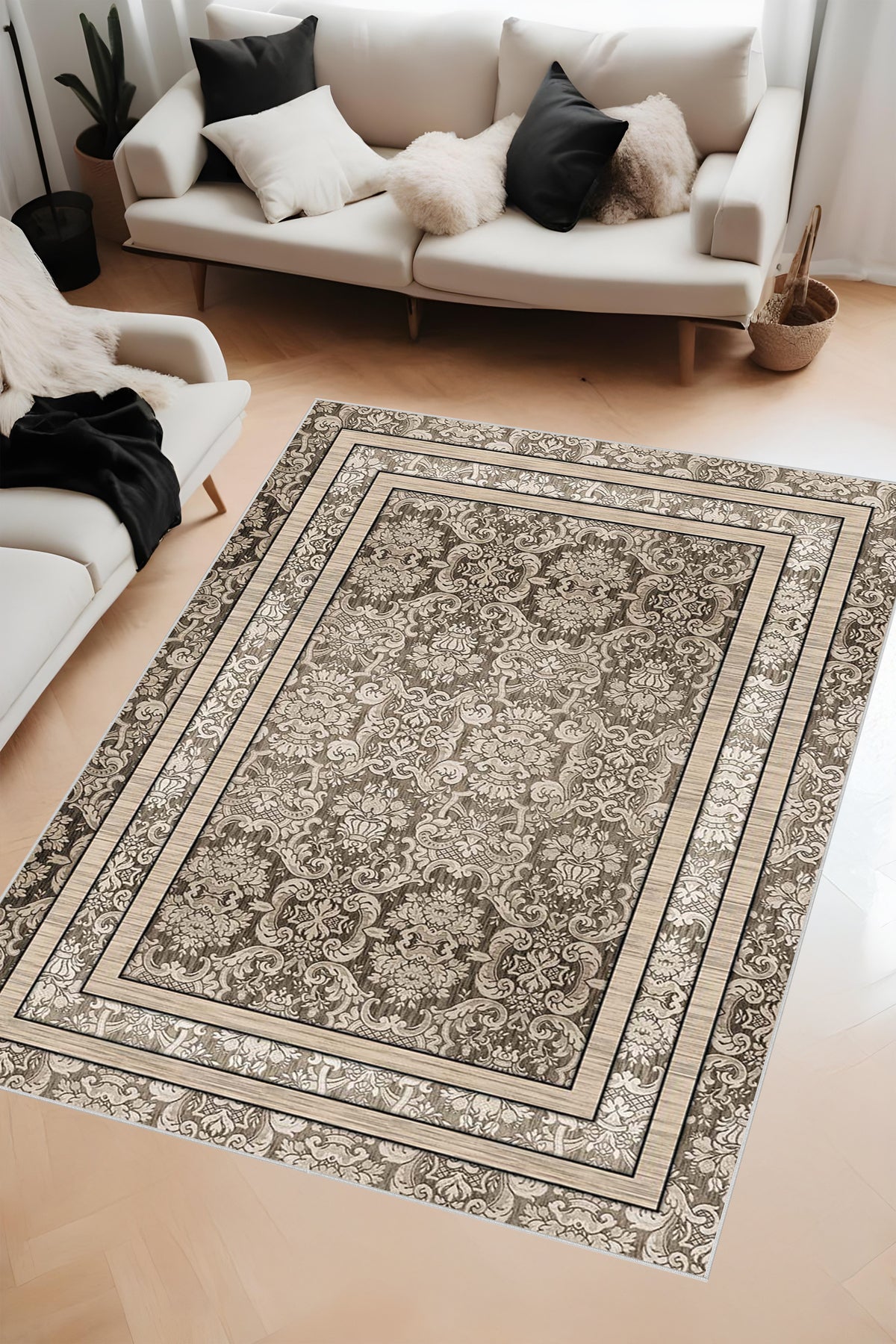 Dijital Baskı Klasik Desenli Çift Çerçeveli Dekoratif Makinada Yıkanabilir Salon ve Yolluk Halısı