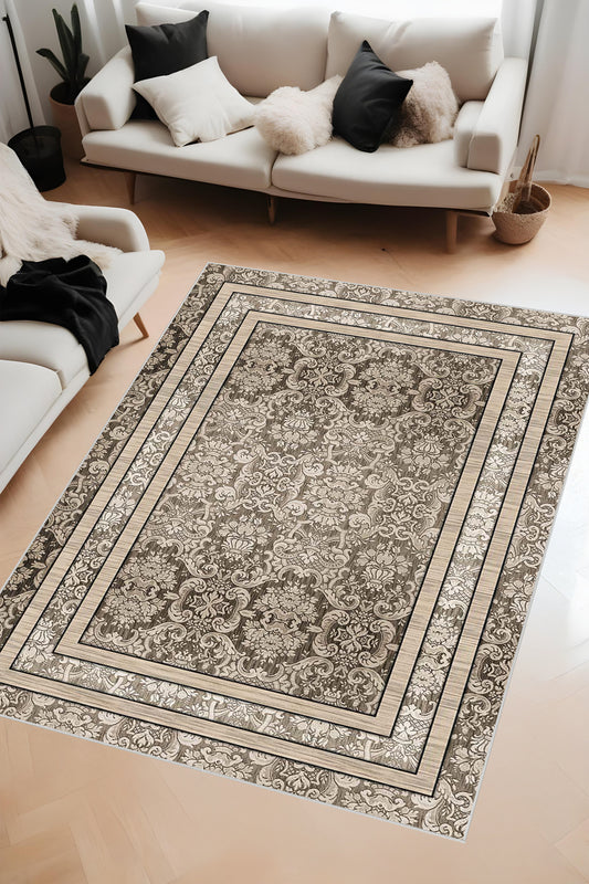 Dijital Baskı Klasik Desenli Çift Çerçeveli Dekoratif Makinada Yıkanabilir Salon ve Yolluk Halısı