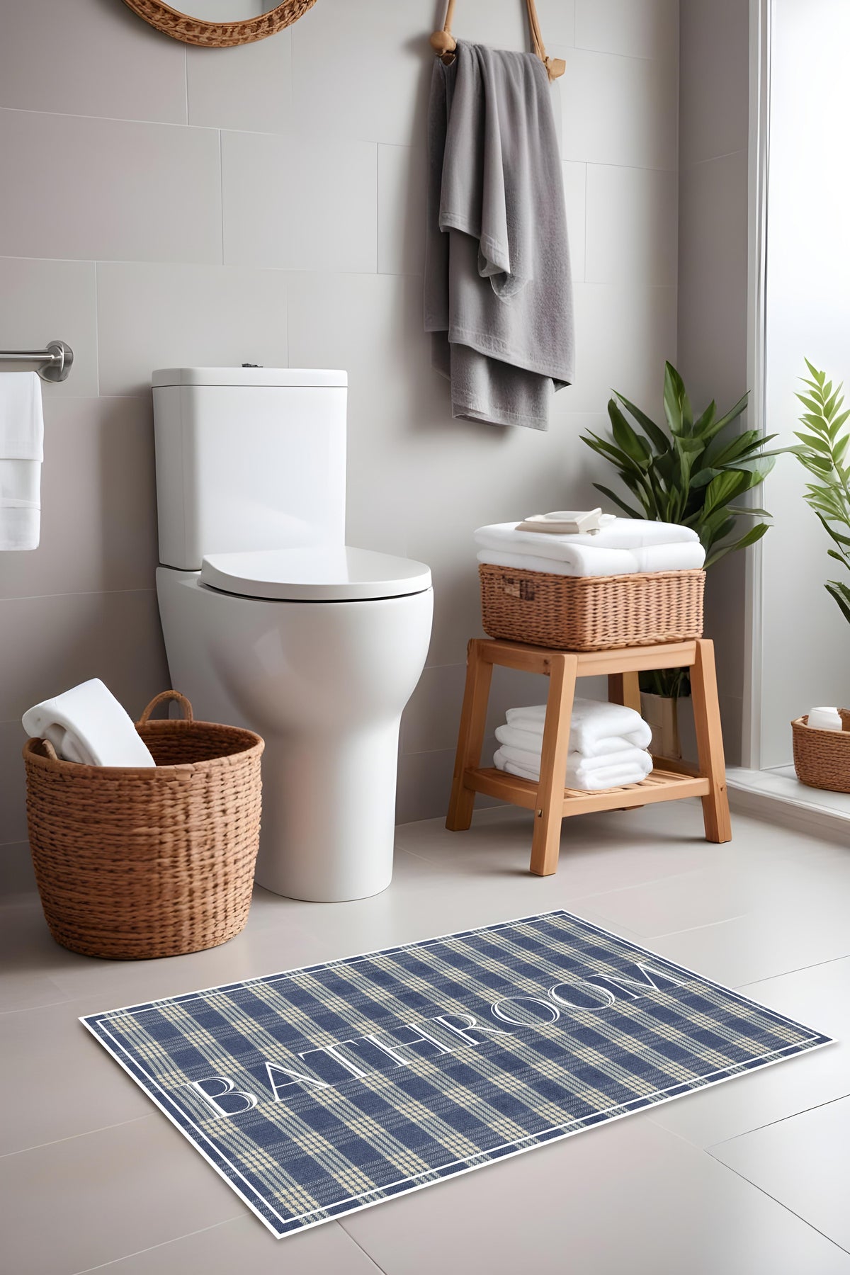 Dijital Baskı Mavi Damalı ve Çizgi Desenli Modern 2'li Set Banyo Paspası Banyo Halısı (60x100 40x60)
