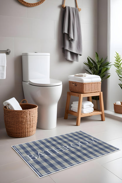 Dijital Baskı Mavi Damalı ve Çizgi Desenli Modern 2'li Set Banyo Paspası Banyo Halısı (60x100 40x60)