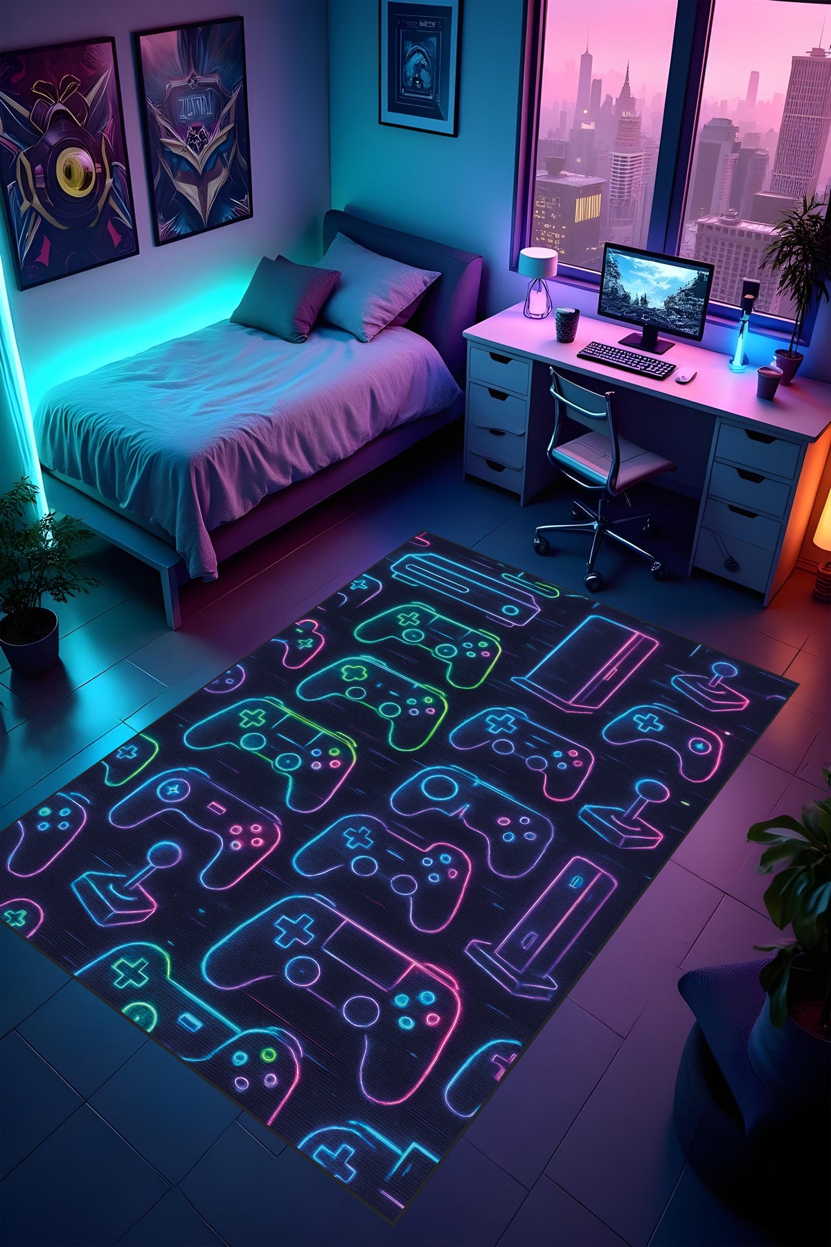 Dijital Baskı Oyun Odası Gamer Halısı Makinede Yıkanabilir Leke Tutmaz Kaymaz Taban