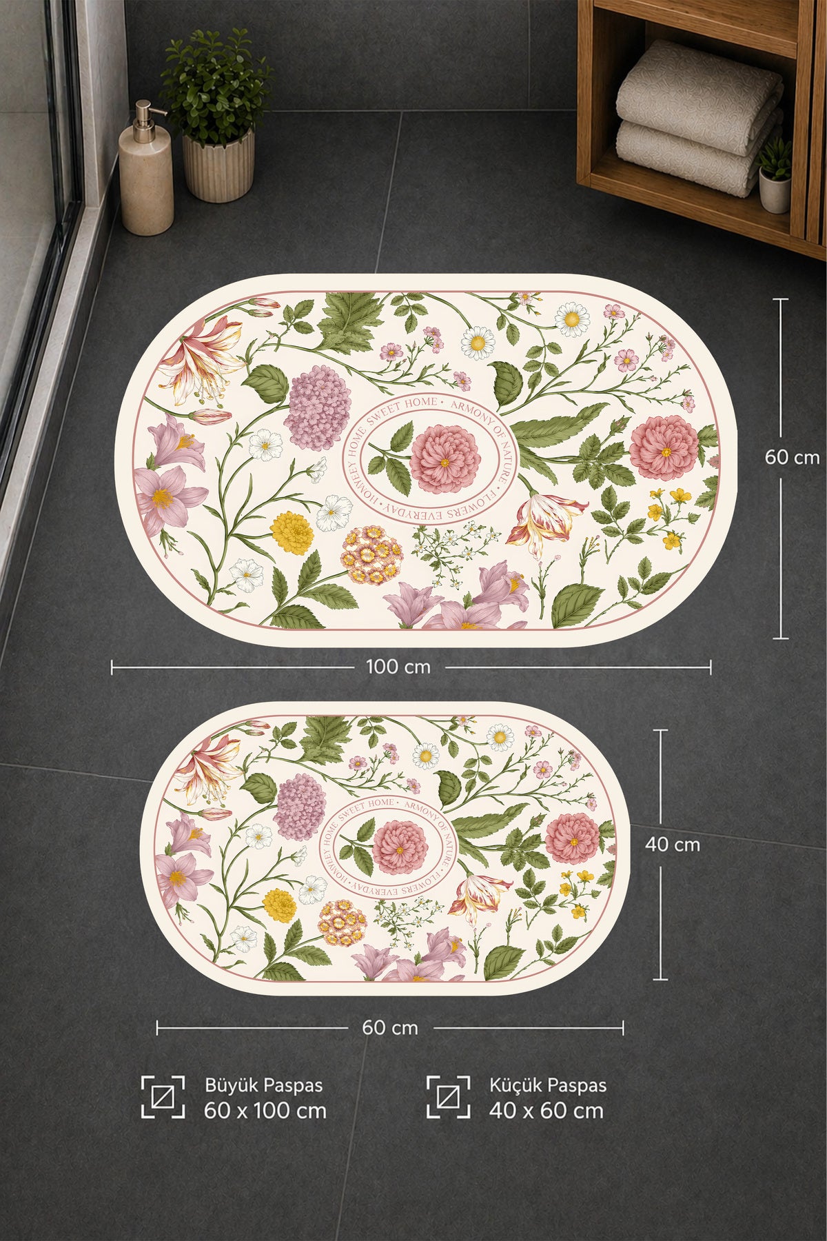 Dijital Baskı Modern Desenli Modern Banyo Halısı İkili Banyo Paspası (40cmx60cm)ve(60cmx100cm)
