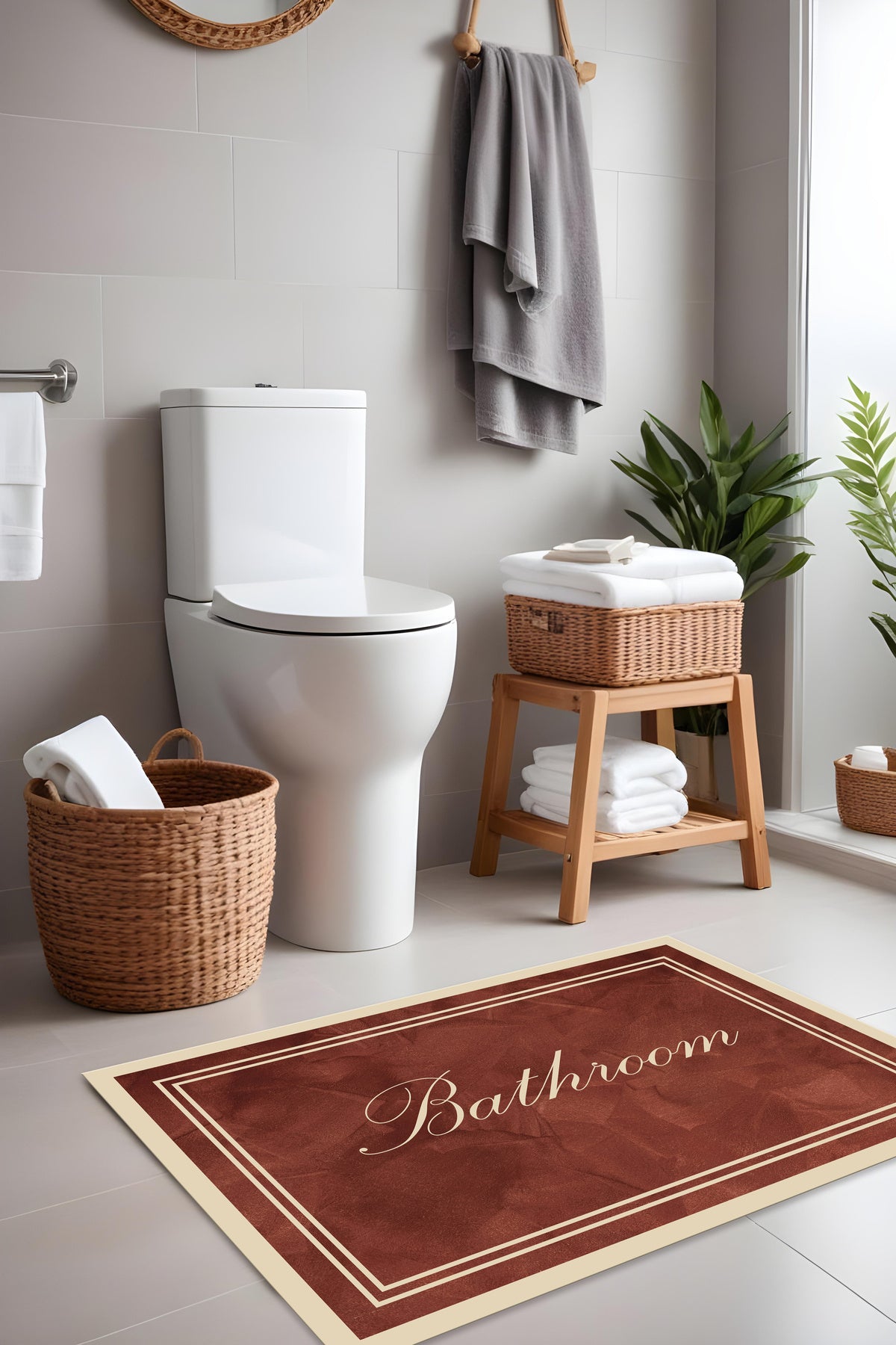 Dijital Baskı Bordo Renkli Çerçeveli Modern 2'li Set Banyo Paspası Banyo Halısı (60x100 40x60)