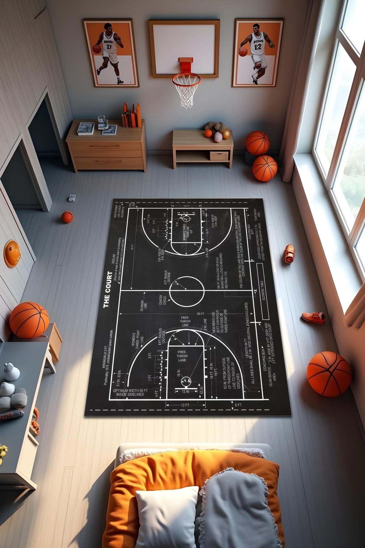 Dijital Baskı Basketbol Temalı Kaymaz Taban Leke Tutmaz Yıkanabilir Salon Halısı ve Genç Halısı