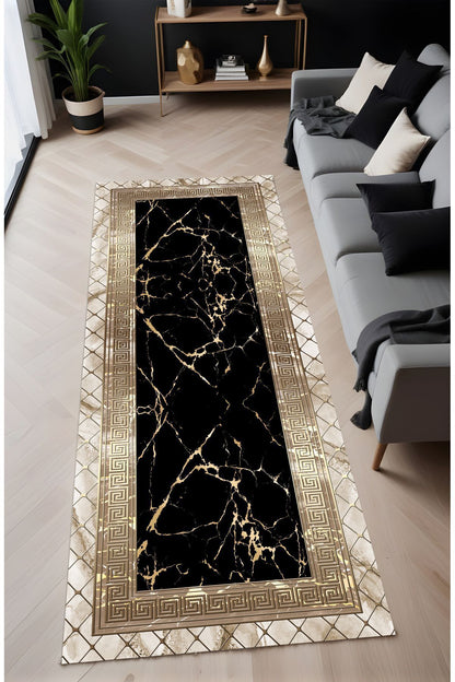 Dijital Baskı Siyah Gold Mermer Desen Çerçeveli Dekoratif Makinada Yıkanabilir Salon Yolluk Halısı