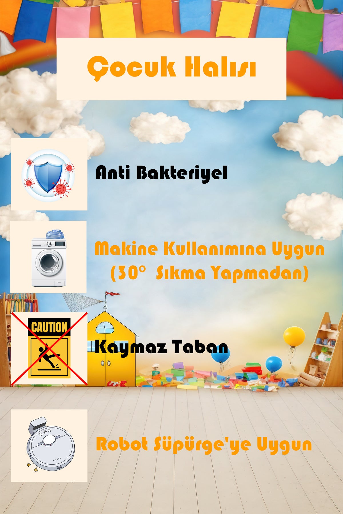 Dijital Baskı Çocuk Odası Halısı Makinede Yıkanabilir Anti Bakteriyel Leke Tutmaz Kaymaz Taban.