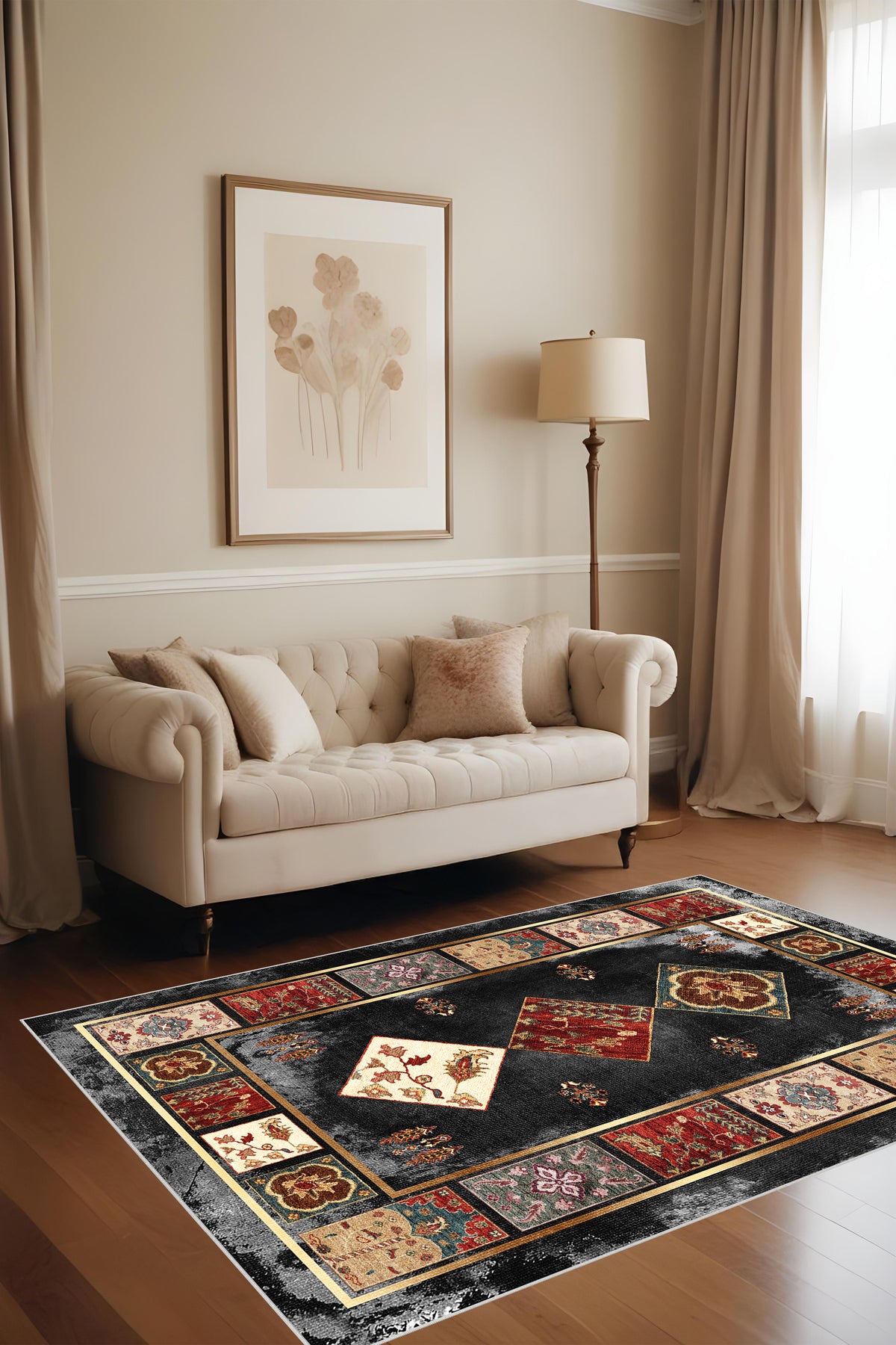 Dijital Baskı Klasik Desenli Kilim Görünümlü Dekoratif Makinada Yıkanabilir Salon ve Yolluk Halısı