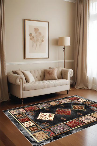Dijital Baskı Klasik Desenli Kilim Görünümlü Dekoratif Makinada Yıkanabilir Salon ve Yolluk Halısı