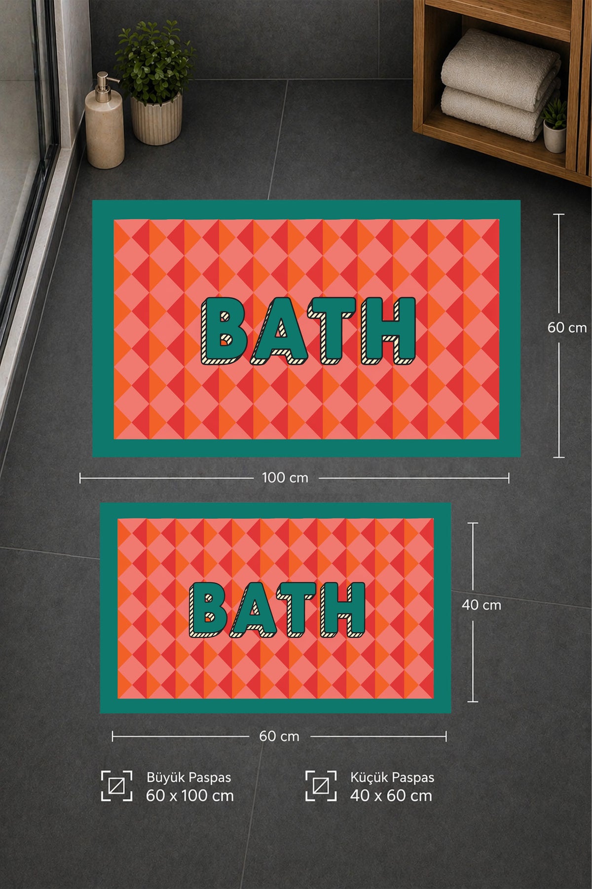 Dijital Baskı Modern Desenli Modern Banyo Halısı İkili Banyo Paspası (40cmx60cm)ve(60cmx100cm)
